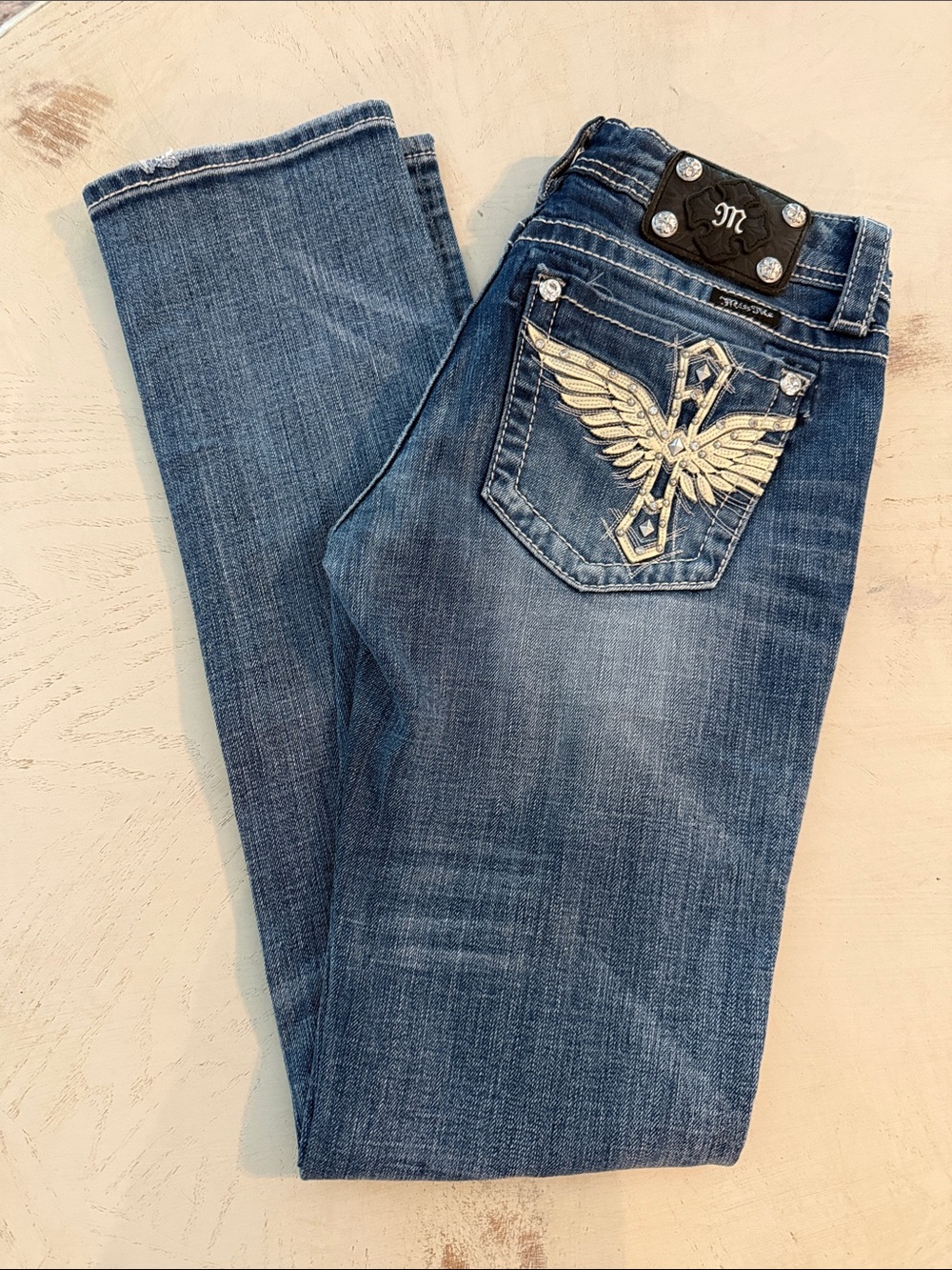 Miss Me distressed embellished designer jeans straight leg bling sz 28